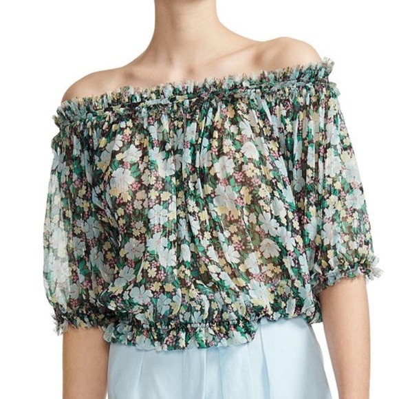 MAJE LULLI GREEN YELLOW FLORAL SEMI SHEER METALLIC STRIPING BLOUSE WOMENS SZ 2 - Picture 1 of 7